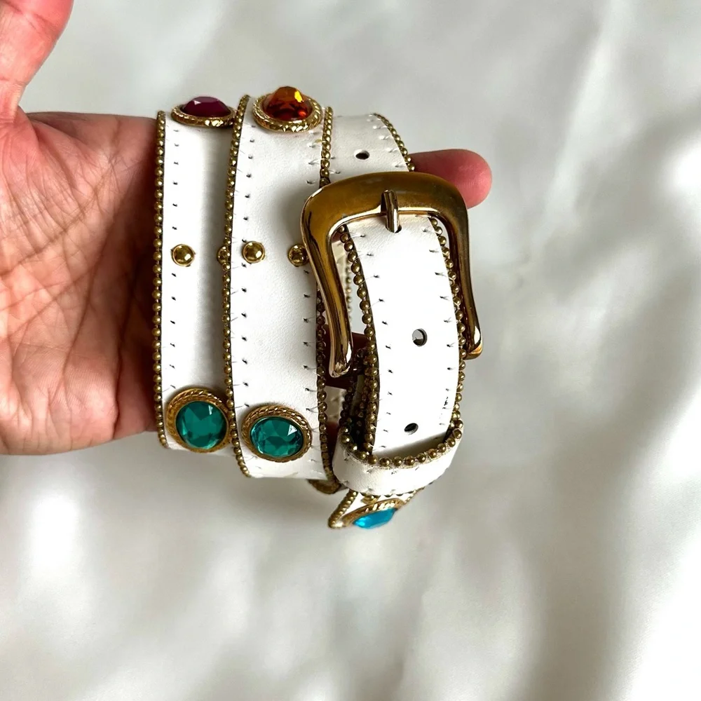 Vintage early 1990s Synthetic Jewel Embellished White Leather Waist Belt -Large